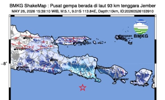 Gempa jember Jember diguncang gempa dengan magnitudo 5,1 yang berpusat di laut 93 km tenggara dengan kedalam 10 kilometer